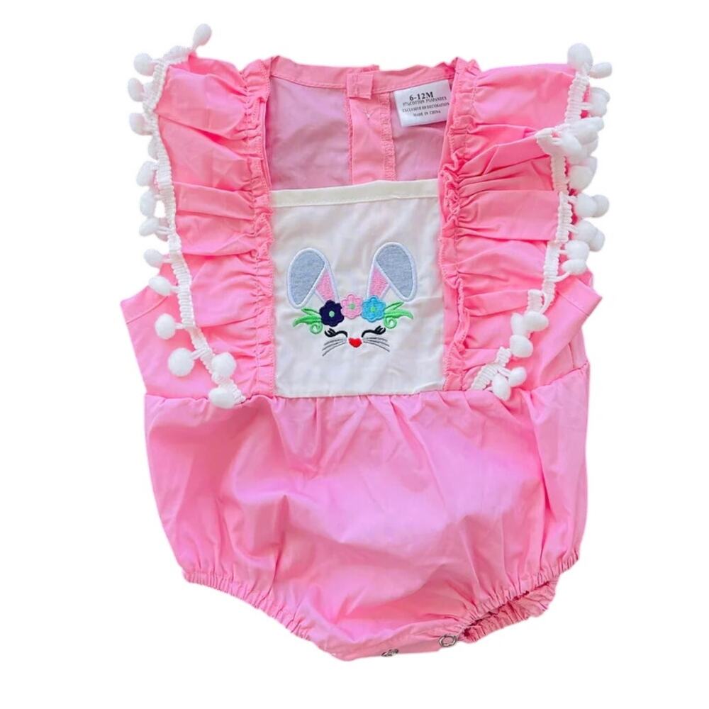Baby Pink Babies 6-12 Months Pink White Pom Pom Bunny Romper